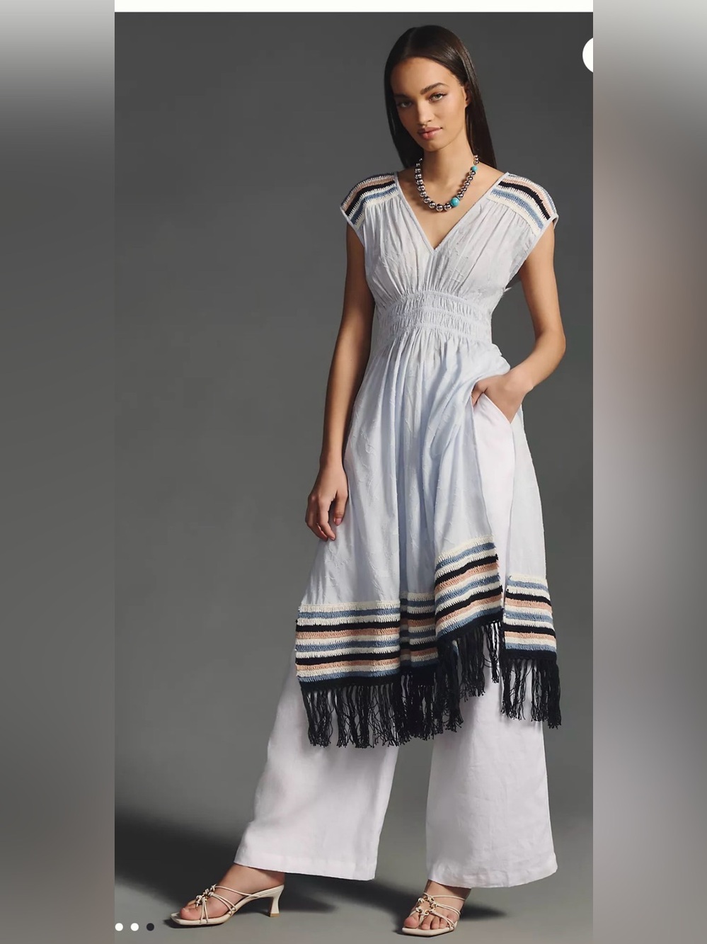Anthropologie caftan Light Blue Embroidered V-Neck Fringe Midi Dress